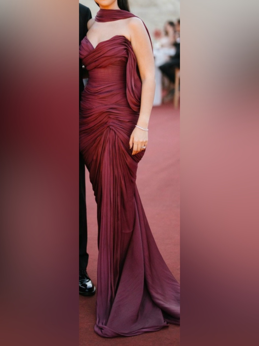 Valdrin Sahiti Burgundy Draped Off-Shoulder Evening Gown - Picture 6 of 10
